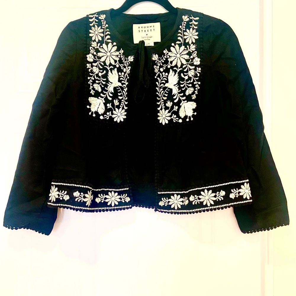 Kates Spade Black Cropped Jacket – XS, White Floral Embroidery